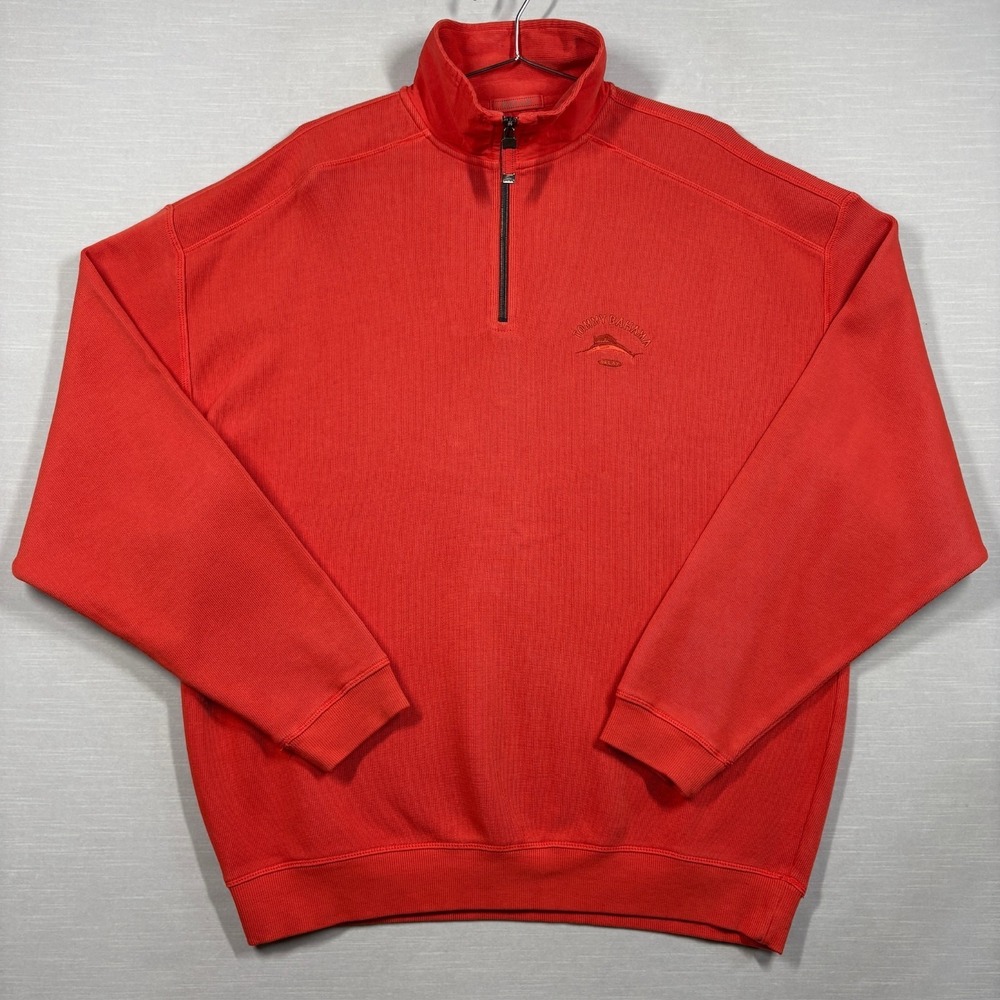 Tommy Bahama Sweater Mens XL  Red Quarter Zip Knit Relax Pullover Comfort Casual